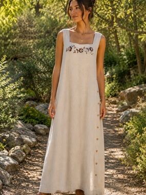 VTG No Excuses Linen Blend Flower Embroidered Maxi Dress Buttons Size L Beige